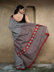 Classic Appeal. Bagru Hand Block Printed Mul Cotton Saree - Black Leaf