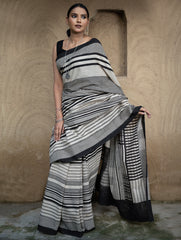 Classic Appeal. Bagru Hand Block Printed Mul Cotton Saree - Bold Stripes