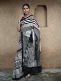 Classic Appeal. Bagru Hand Block Printed Mul Cotton Saree - Bold Stripes