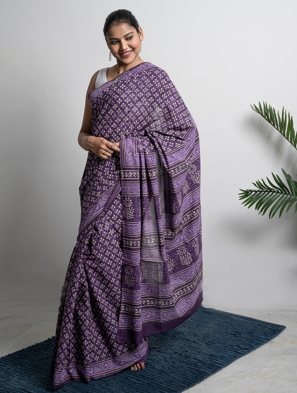 Cotton Appeal. Dabu Hand Block Printed Mul Cotton Saree- Purple Florets