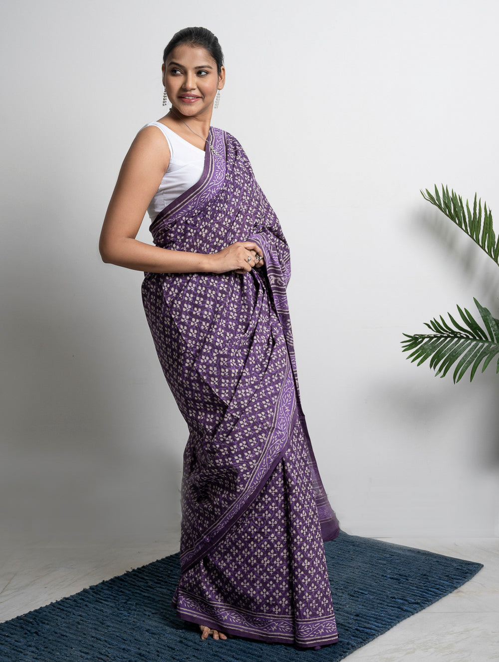 Cotton Appeal. Dabu Hand Block Printed Mul Cotton Saree- Purple Florets
