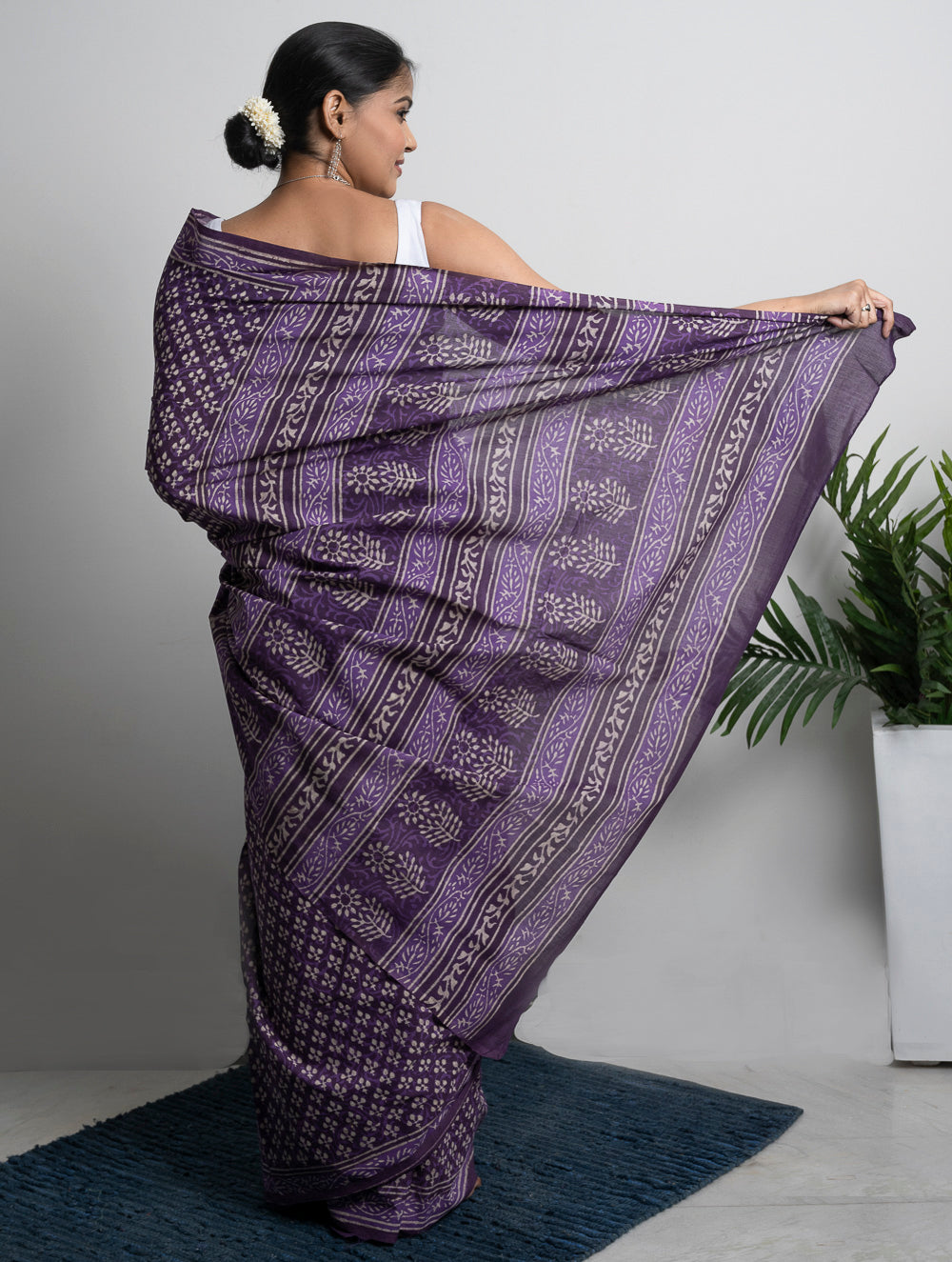Cotton Appeal. Dabu Hand Block Printed Mul Cotton Saree- Purple Florets