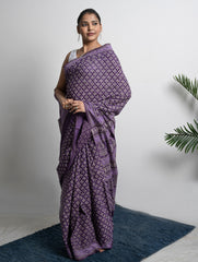 Cotton Appeal. Dabu Hand Block Printed Mul Cotton Saree- Purple Florets