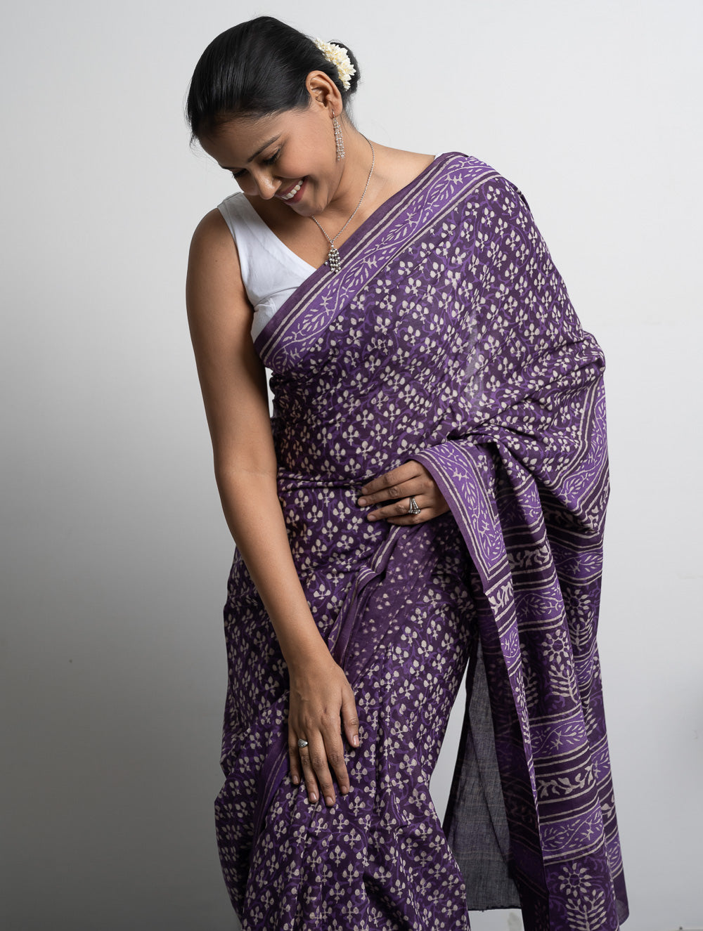 Cotton Appeal. Dabu Hand Block Printed Mul Cotton Saree- Purple Florets