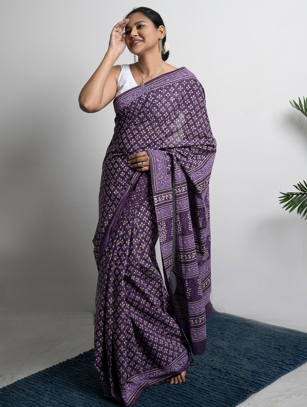 Cotton Appeal. Dabu Hand Block Printed Mul Cotton Saree- Purple Florets