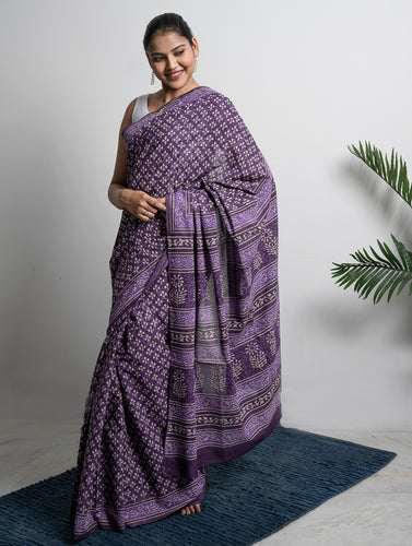 Cotton Appeal. Dabu Hand Block Printed Mul Cotton Saree- Purple Florets