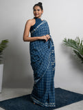 Cotton Appeal. Dabu Hand Block Printed Mul Cotton Saree - Blue Checks