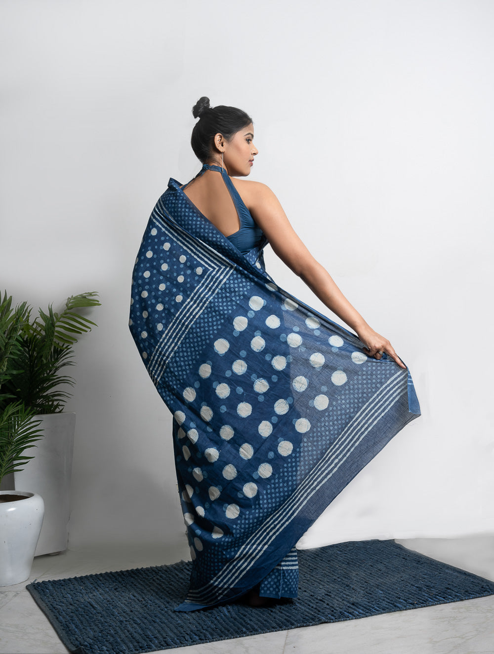 Cotton Appeal. Dabu Hand Block Printed Mul Cotton Saree - Blue Polka