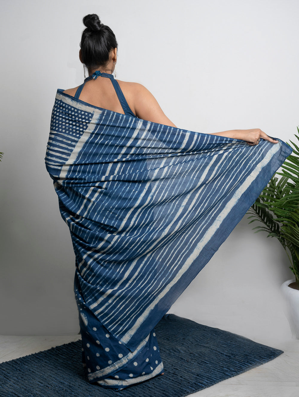 Cotton Appeal. Dabu Hand Block Printed Mul Cotton Saree - Dot & Stripes