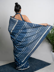Cotton Appeal. Dabu Hand Block Printed Mul Cotton Saree - Dot & Stripes
