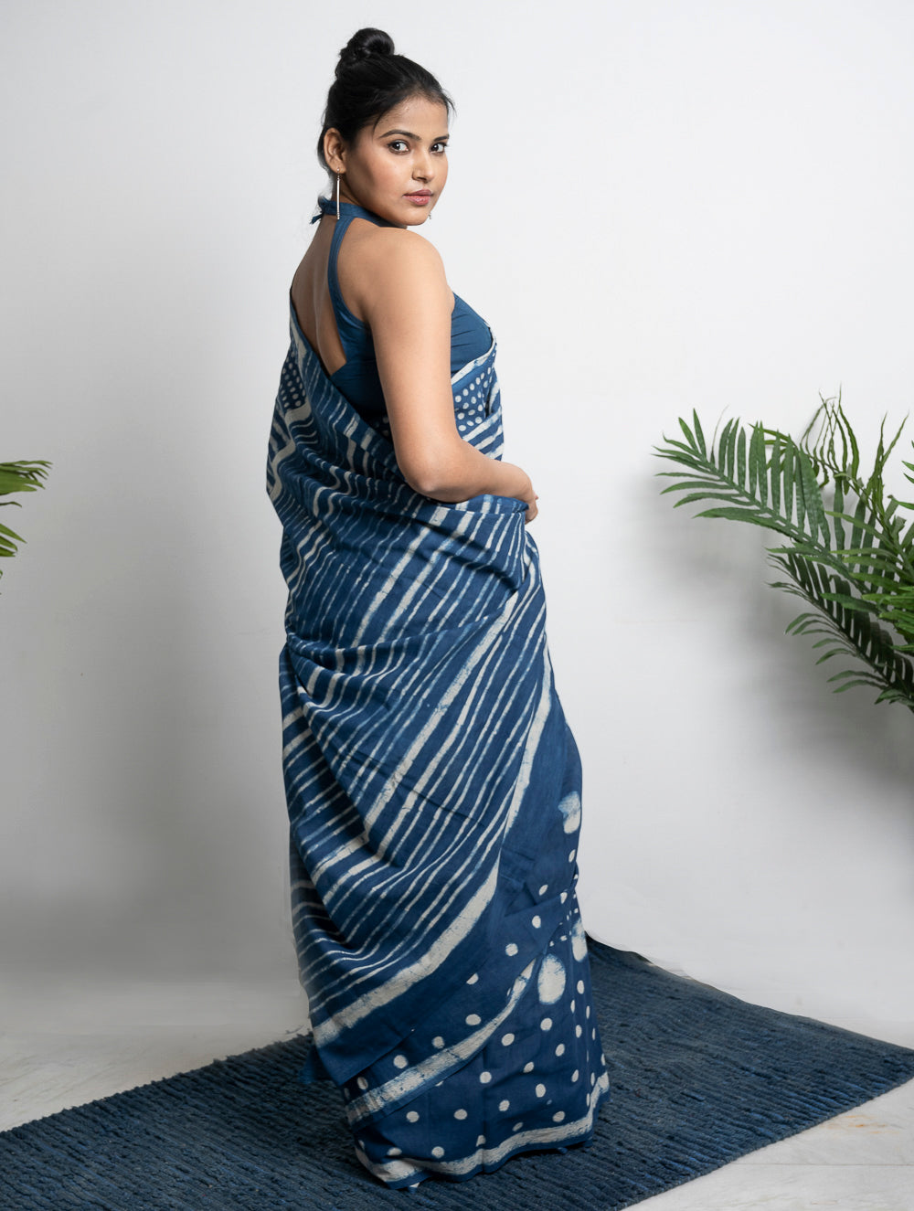 Cotton Appeal. Dabu Hand Block Printed Mul Cotton Saree - Dot & Stripes