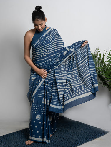 Cotton Appeal. Dabu Hand Block Printed Mul Cotton Saree - Dot & Stripes