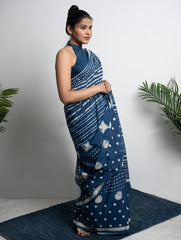 Cotton Appeal. Dabu Hand Block Printed Mul Cotton Saree - Dot & Stripes