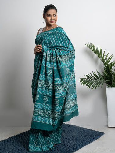 Cotton Appeal. Dabu Hand Block Printed Mul Cotton Saree - Green Leaf