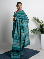 Cotton Appeal. Dabu Hand Block Printed Mul Cotton Saree - Green Leaf