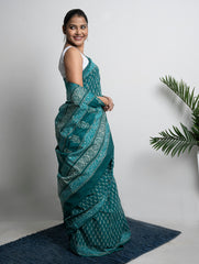 Cotton Appeal. Dabu Hand Block Printed Mul Cotton Saree - Green Leaf