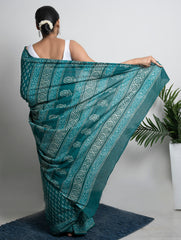 Cotton Appeal. Dabu Hand Block Printed Mul Cotton Saree - Green Leaf