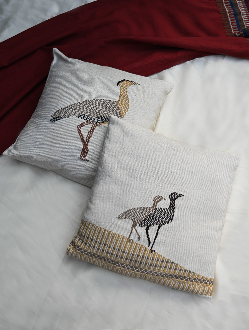 Exclusive Handwoven Kashida Cushion Covers - Great Indian Bustard (Set of 2), 16"x16"
