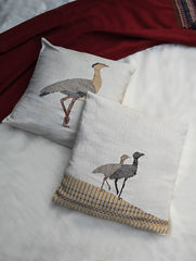 Exclusive Handwoven Kashida Cushion Covers - Great Indian Bustard (Set of 2), 16"x16"