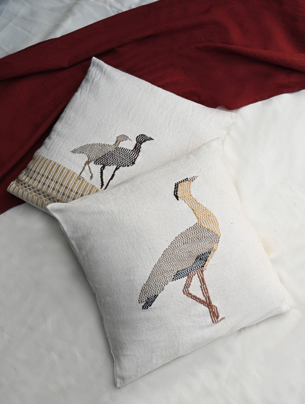 Exclusive Handwoven Kashida Cushion Covers - Great Indian Bustard (Set of 2), 16"x16"