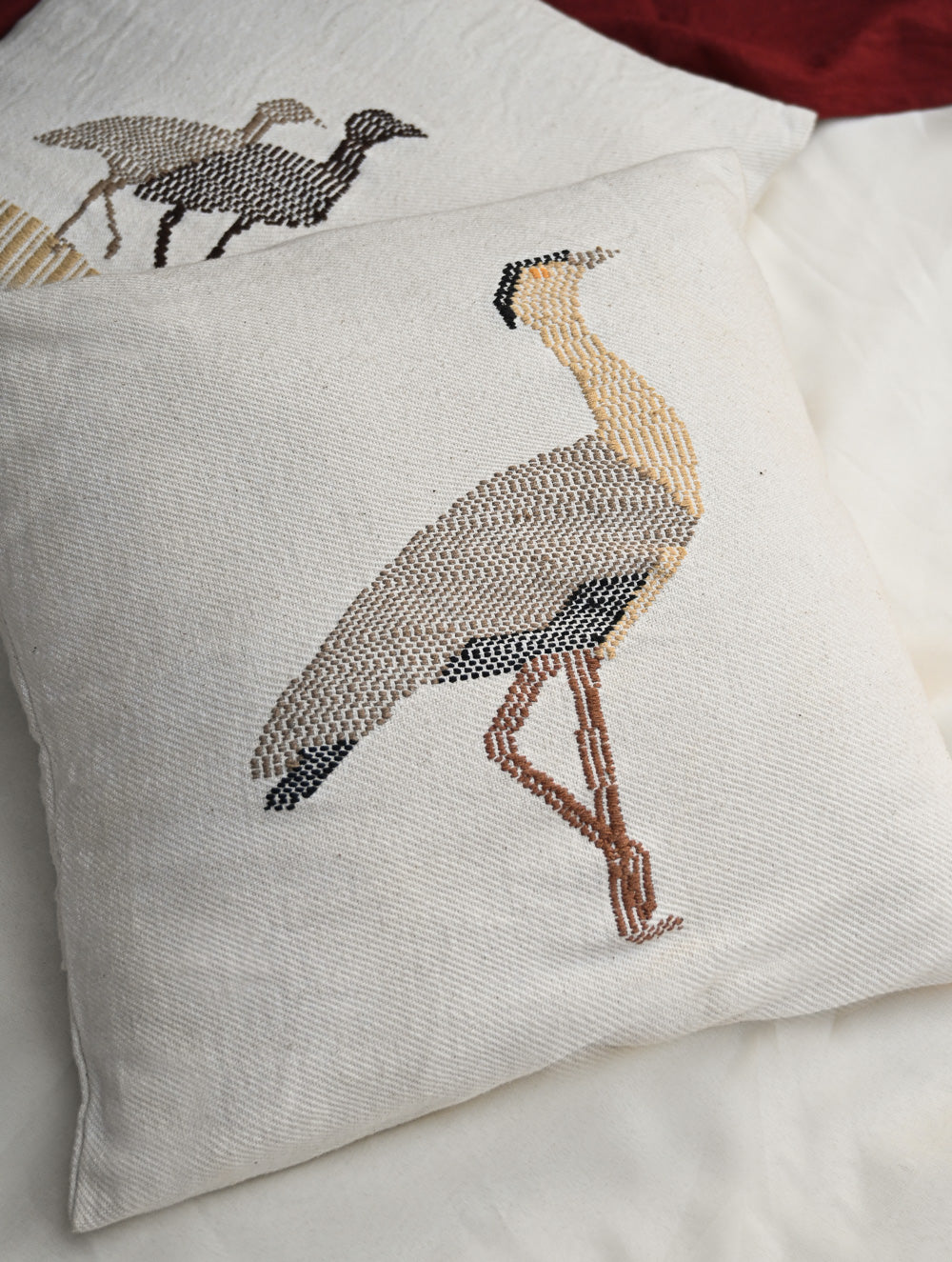 Exclusive Handwoven Kashida Cushion Covers - Great Indian Bustard (Set of 2), 16"x16"