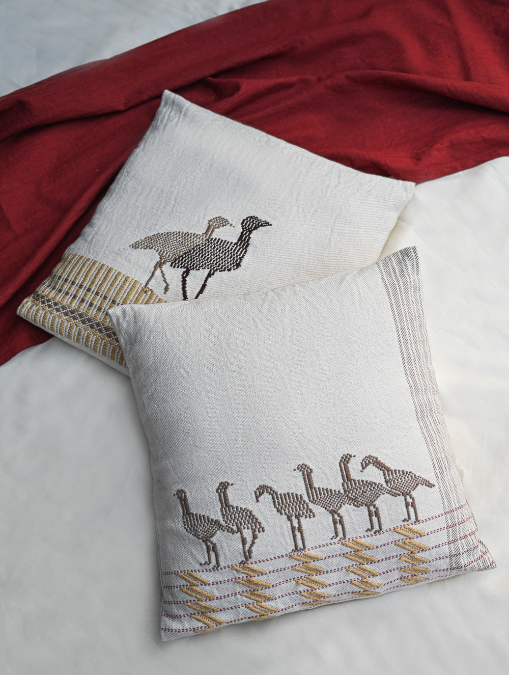 Exclusive Handwoven Kashida Cushion Covers - Great Indian Bustard Flock (Set of 2), 16"x16"