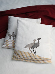 Exclusive Handwoven Kashida Cushion Covers - Great Indian Bustard Flock (Set of 2), 16"x16"