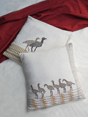 Exclusive Handwoven Kashida Cushion Covers - Great Indian Bustard Flock (Set of 2), 16"x16"