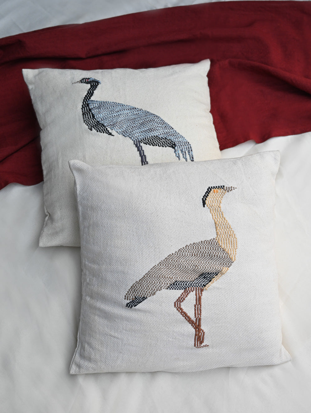 Exclusive Handwoven Kashida Cushion Covers - Sarus Crane (Set of 2), 16"x16"