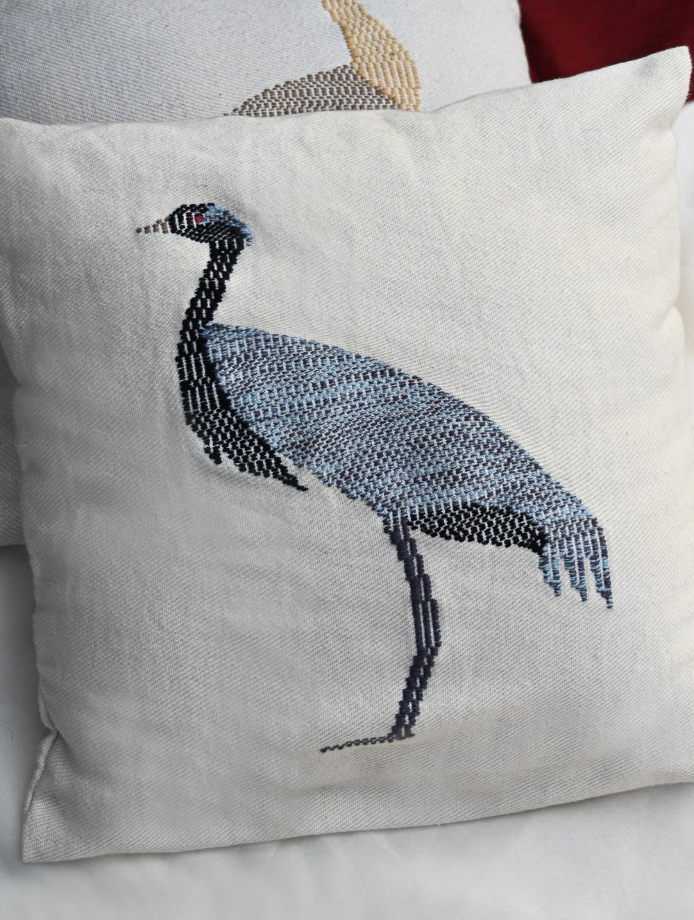Exclusive Handwoven Kashida Cushion Covers - Sarus Crane (Set of 2), 16"x16"