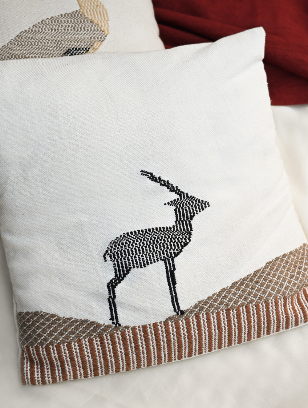 Exclusive Handwoven Kashida Cushion Covers - Sarus Crane & Black Deer (Set of 2), 16"x16"