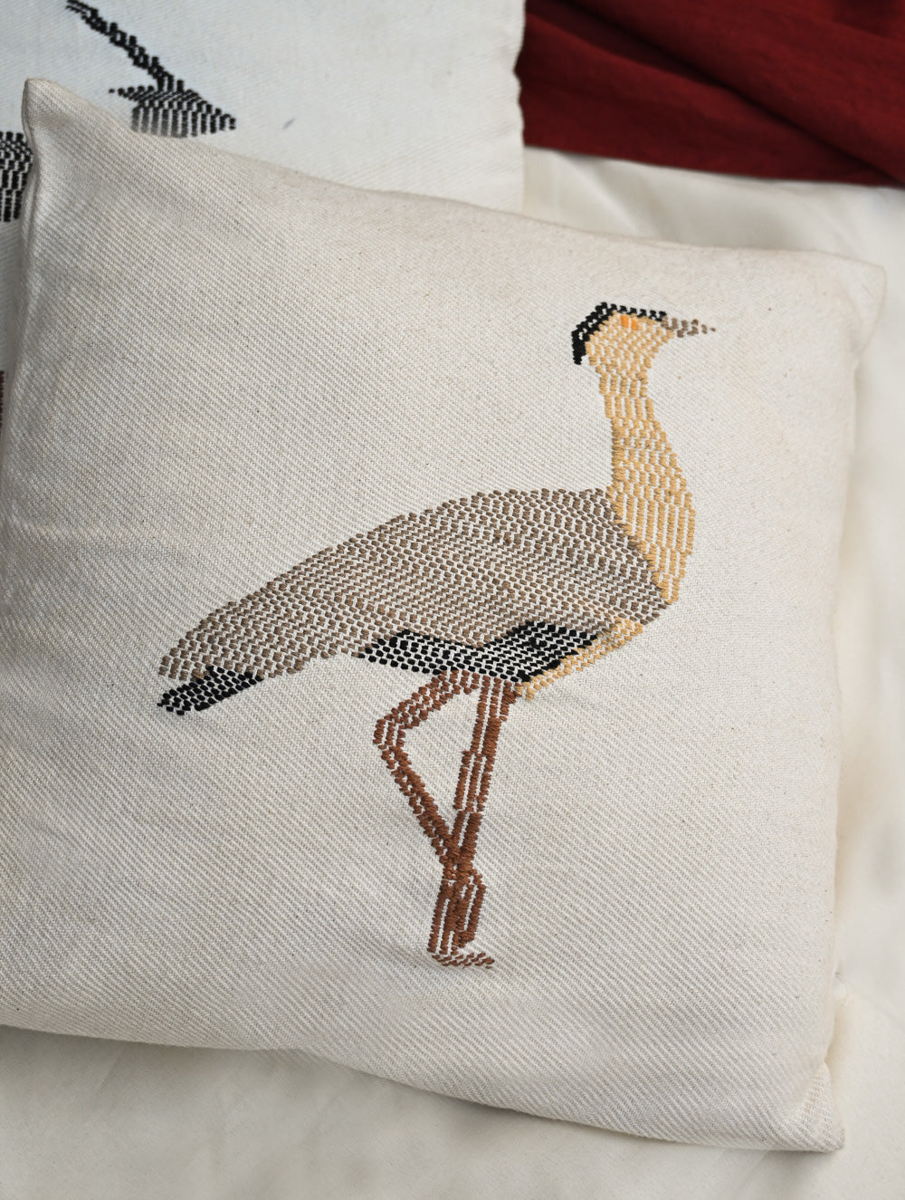 Exclusive Handwoven Kashida Cushion Covers - Sarus Crane & Black Deer (Set of 2), 16"x16"