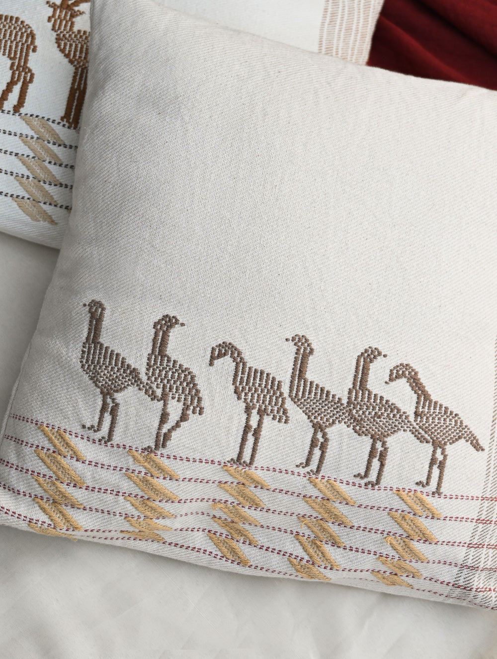 Exclusive Handwoven Kashida Cushion Covers - Sarus Crane & Black Buck (Set of 2), 16"x16"
