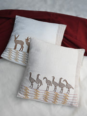 Exclusive Handwoven Kashida Cushion Covers - Sarus Crane & Black Buck (Set of 2), 16"x16"