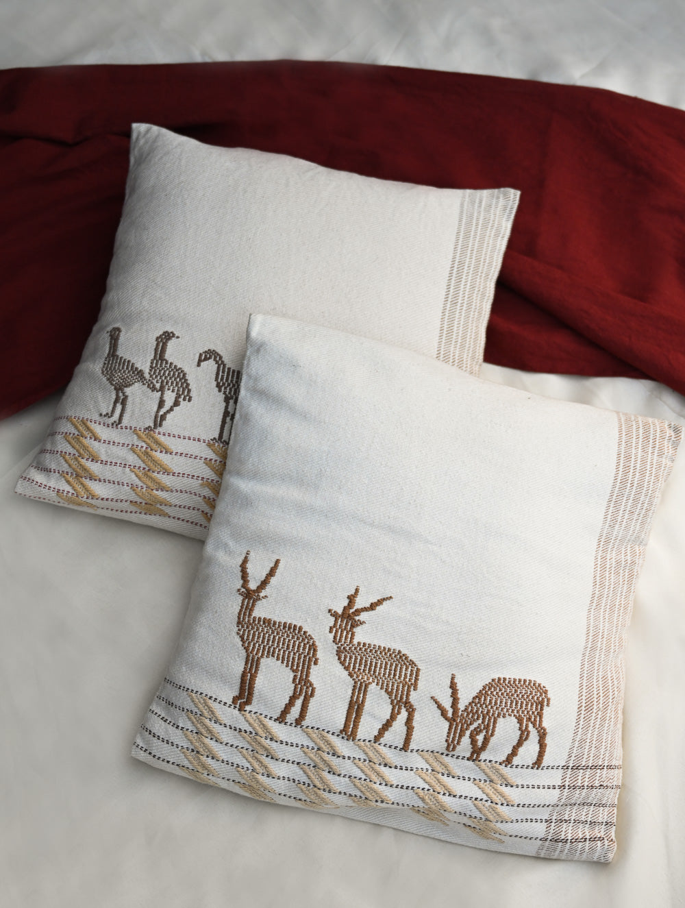 Exclusive Handwoven Kashida Cushion Covers - Sarus Crane & Black Buck (Set of 2), 16"x16"