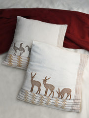 Exclusive Handwoven Kashida Cushion Covers - Sarus Crane & Black Buck (Set of 2), 16"x16"