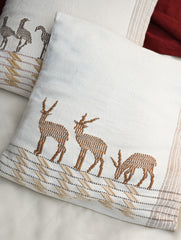 Exclusive Handwoven Kashida Cushion Covers - Sarus Crane & Black Buck (Set of 2), 16"x16"