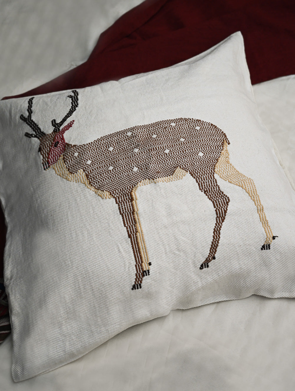 Exclusive, Extra Large Handwoven Kashida Cushion Cover - Chital Deer, 24" x 24"