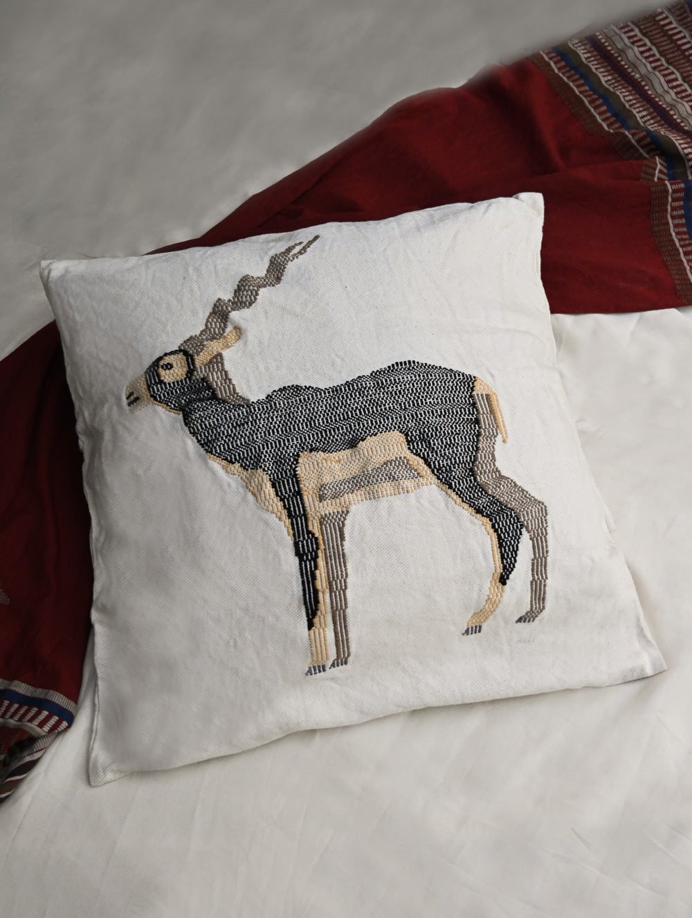 Exclusive, Extra Large Handwoven Kashida Cushion Cover - Black Buck, 24" x 24"