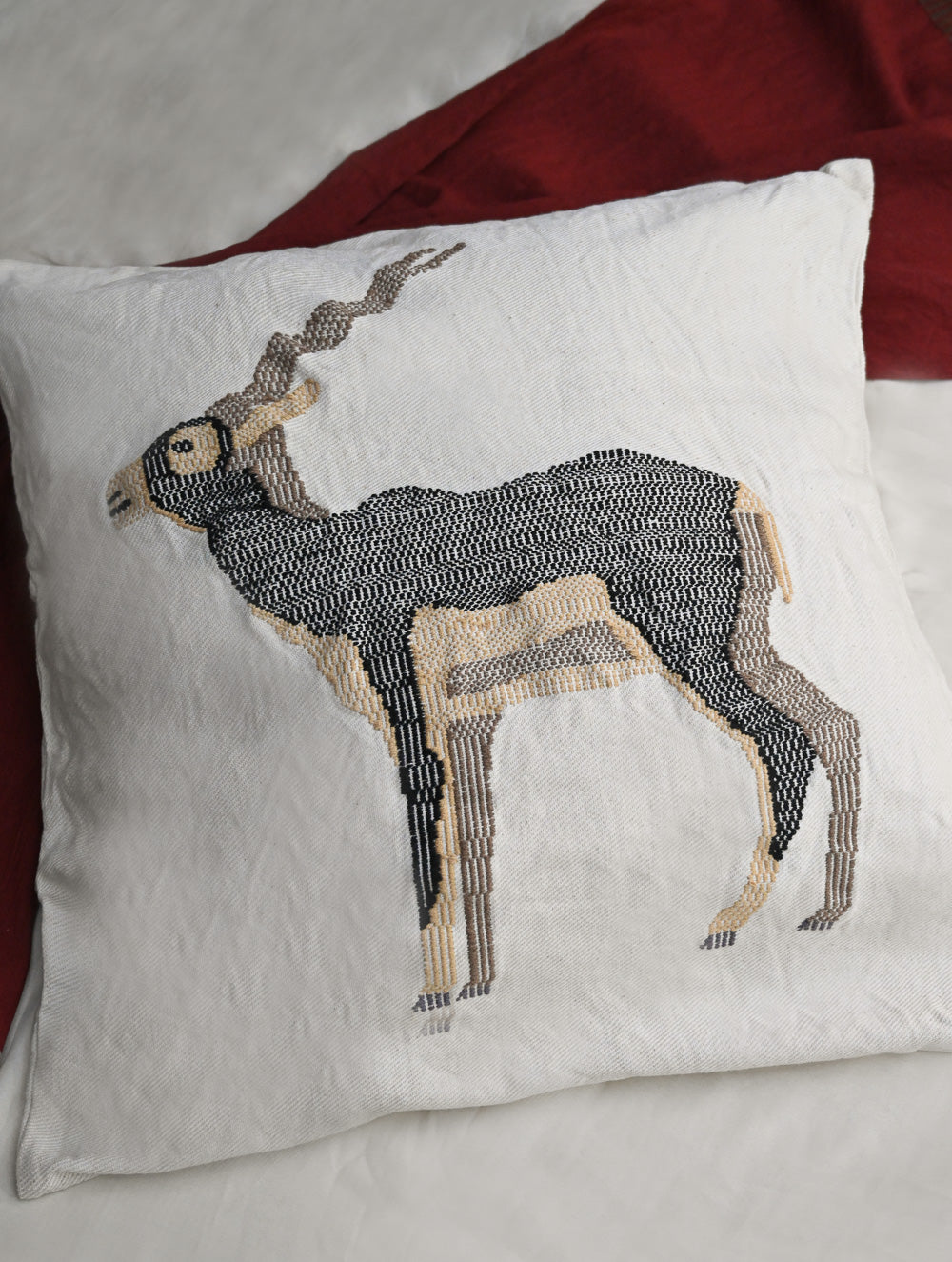 Exclusive, Extra Large Handwoven Kashida Cushion Cover - Black Buck, 24" x 24"