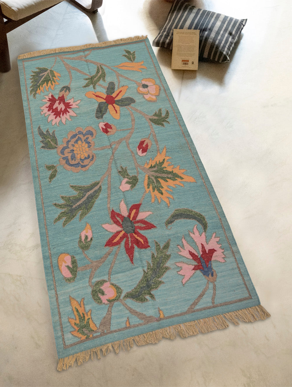 Handwoven Kilim Rug - Aqua Floral Vine (Length 6ft x Width 4ft)