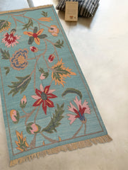 Handwoven Kilim Rug - Aqua Floral Vine (Length 6ft x Width 4ft)