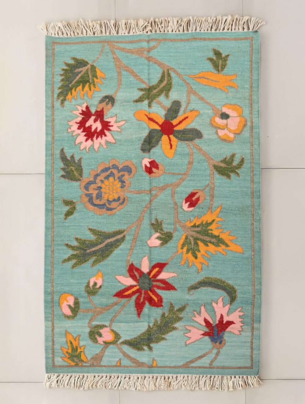Handwoven Kilim Rug - Aqua Floral Vine (Length 6ft x Width 4ft)