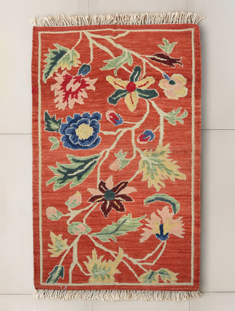 Handwoven Kilim Rug - Crimson Floral Vine (Length 5ft x Width 3ft)