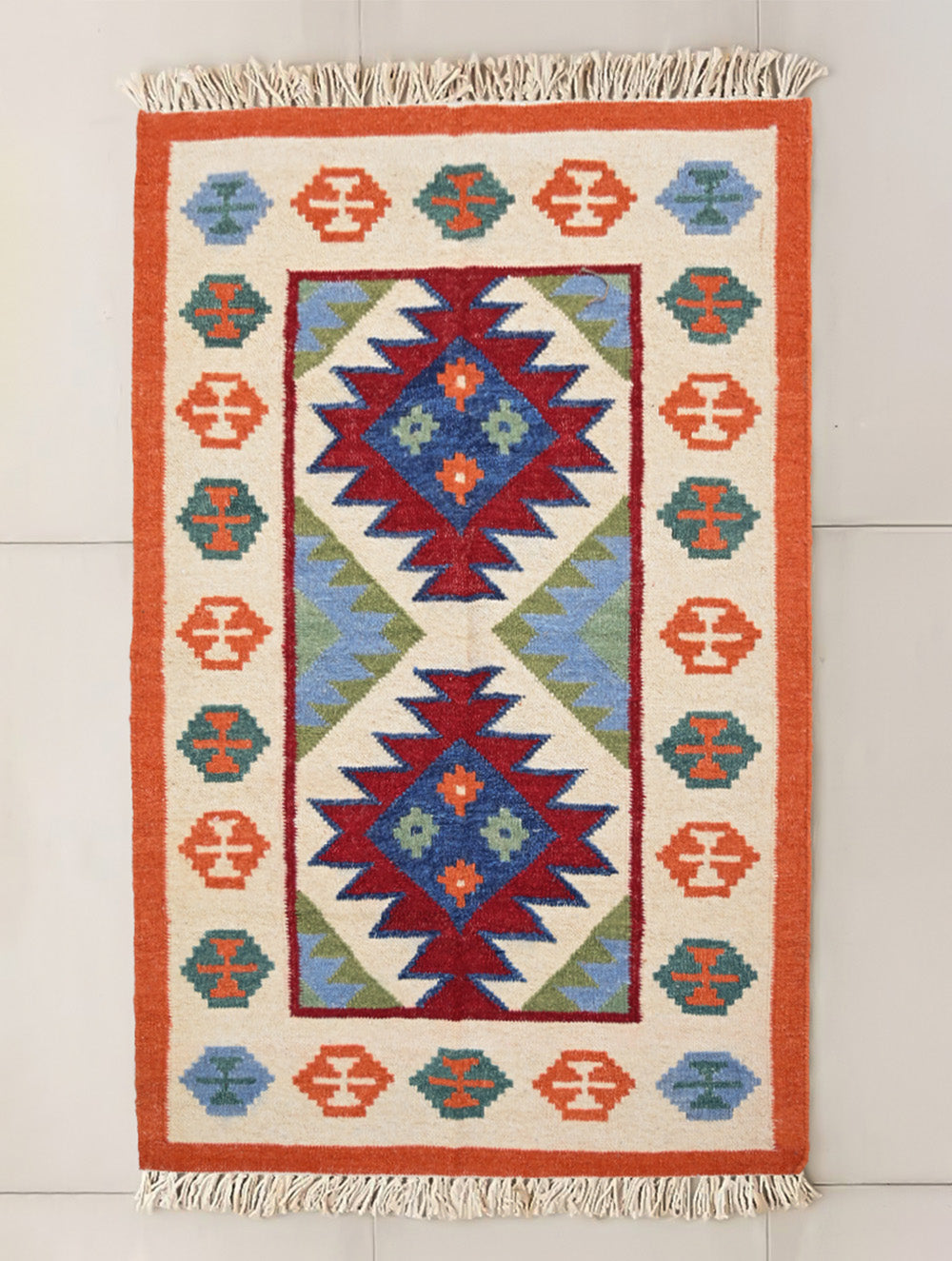 Handwoven Kilim Rug - Ivory Tribal Medallion (Length 5ft x Width 3ft)