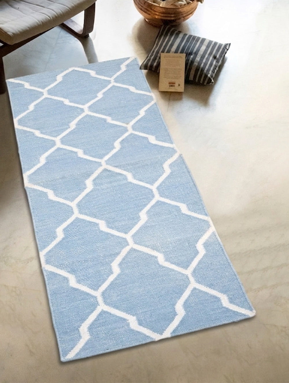 Handwoven Kilim Rug - Powder Blue Trellis (Length 6ft x Width 2ft).