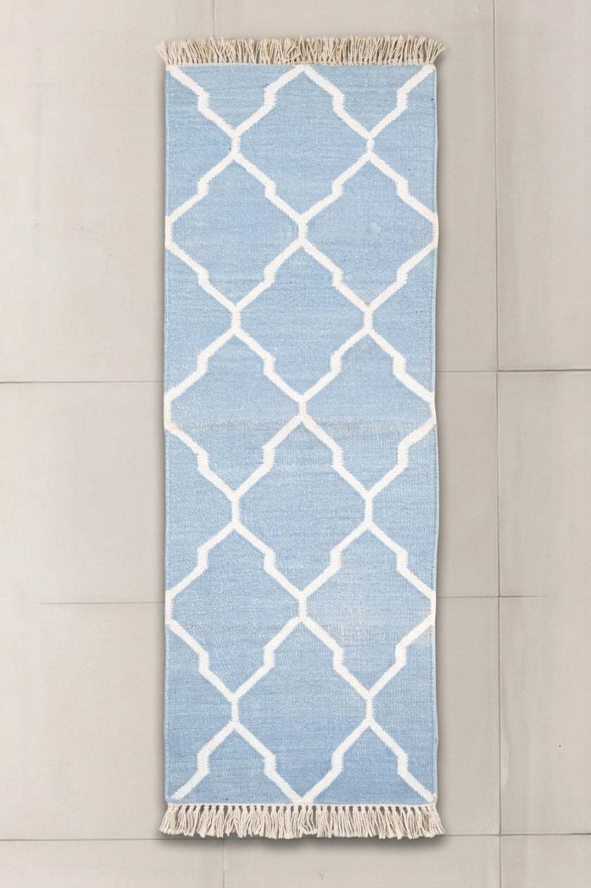 Handwoven Kilim Rug - Powder Blue Trellis (Length 6ft x Width 2ft).