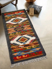 Handwoven Kilim Rug - Charcoal Layers (Length 6 ft x Width 2ft)