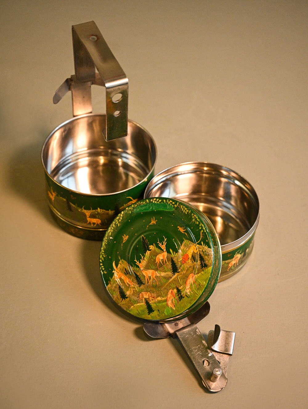 Exclusive Handpainted Kashmiri Art Steel Tiffin Box - Jungle Story 