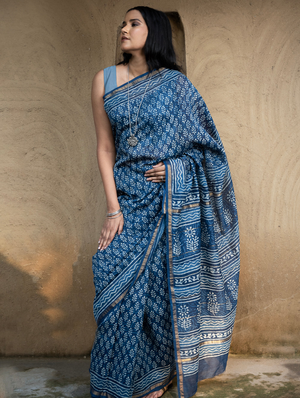 Dabu Hand Block Printed Chanderi Saree - Blue Flora